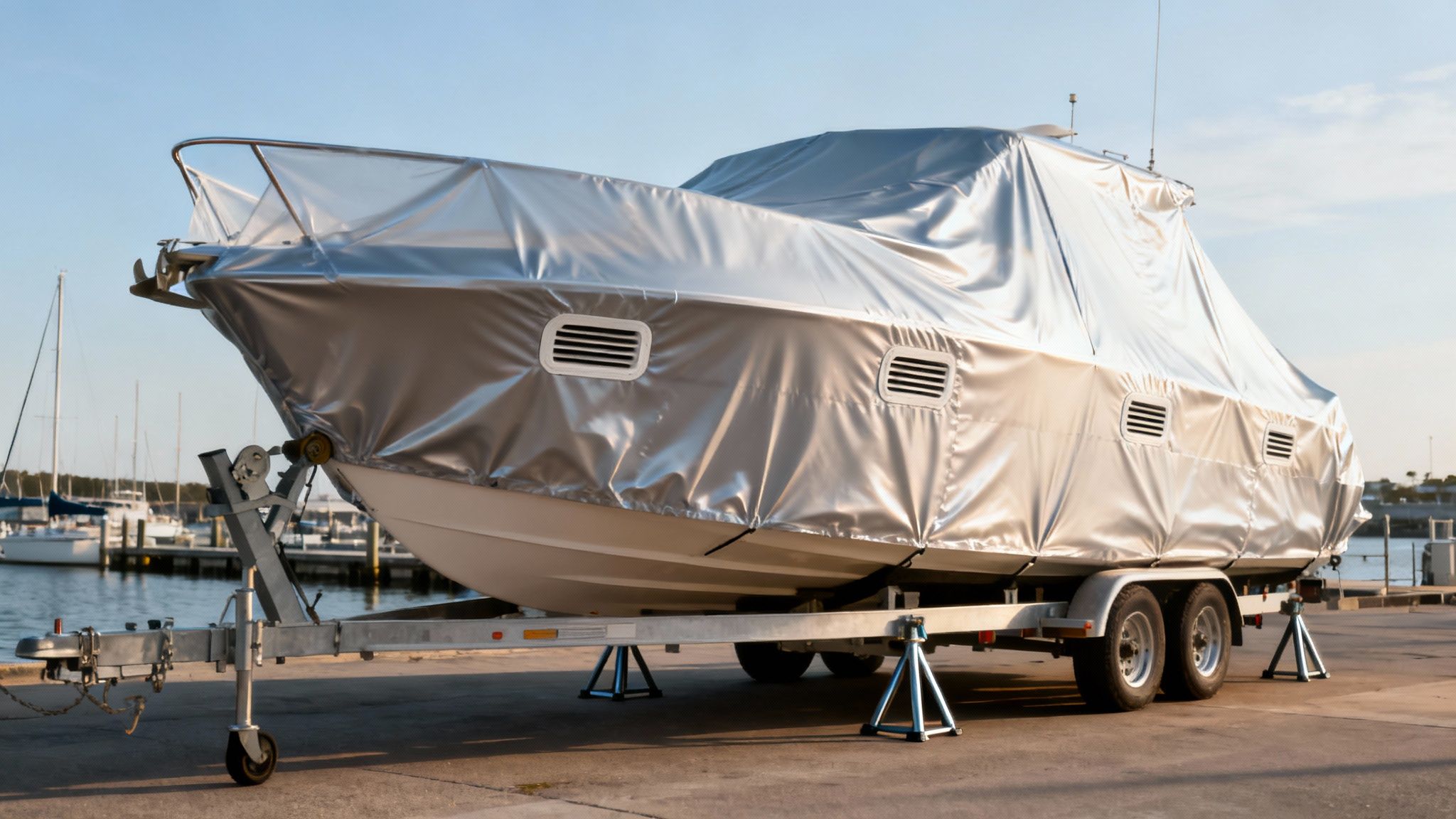 A large boat, protected by a silver cover, sits on a trailer in a sunny marina.