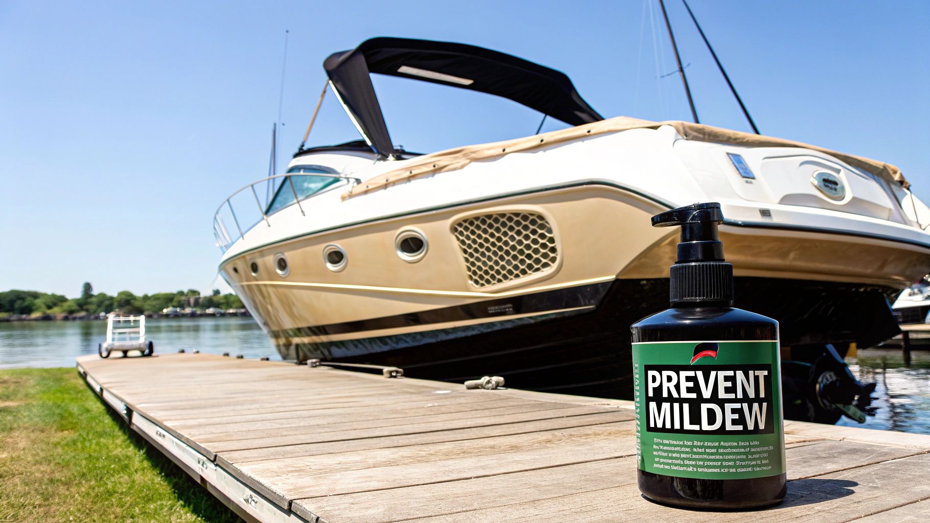 Clean, dry boat seats with a vinyl protectant spray bottle nearby