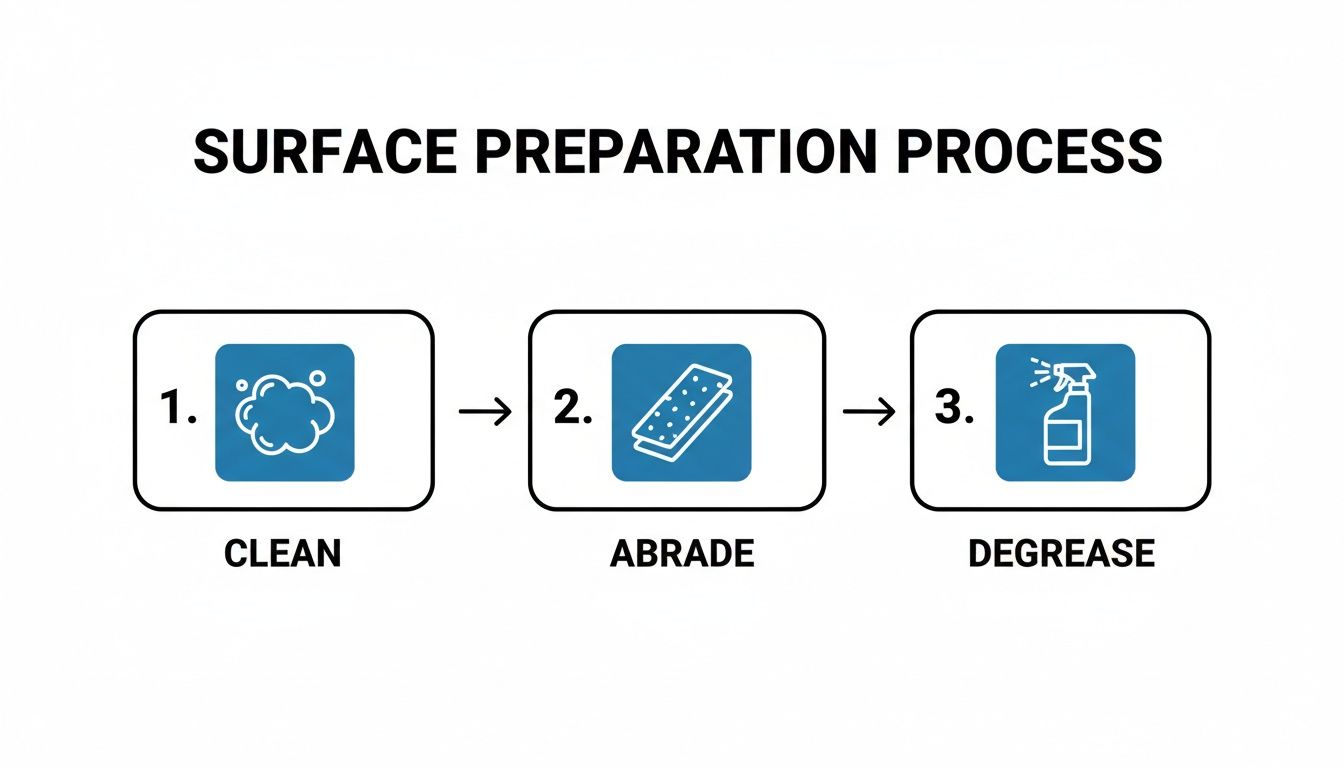 A visual guide illustrating the three-step surface preparation process: clean, abrade, and degrease.