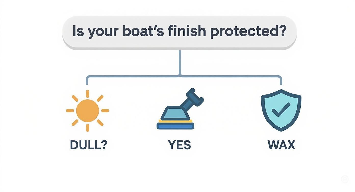 Infographic decision tree showing how to choose between boat polish and wax based on the dullness of the finish.