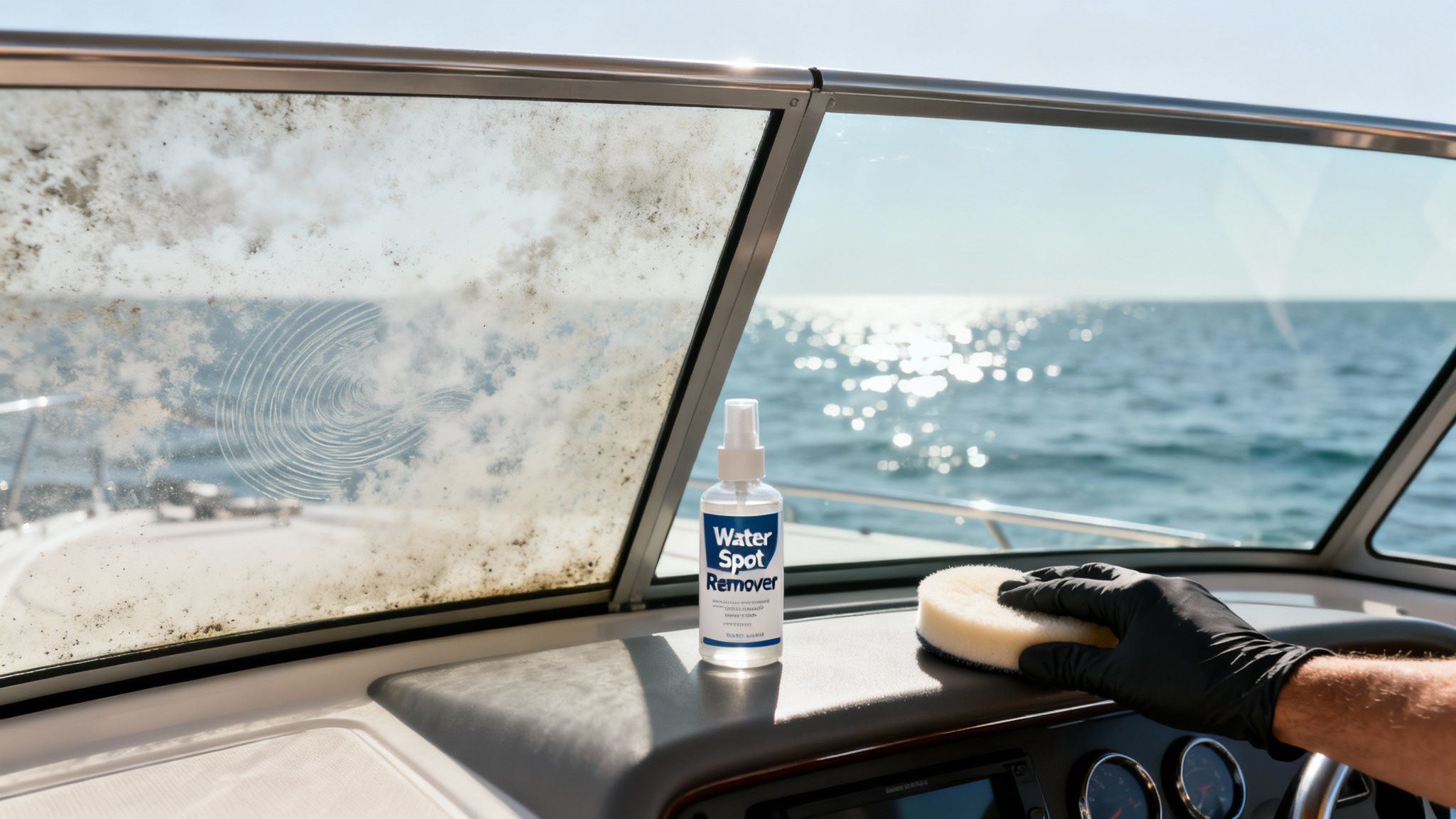 A dirty boat windshield covered in water spots, being cleaned with water spot remover and a sponge.