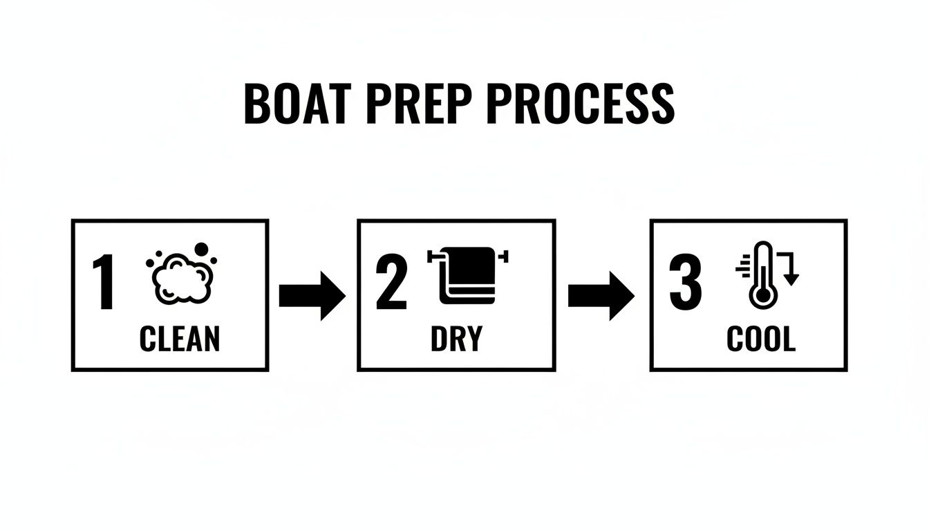 A three-step diagram illustrating the boat preparation process: clean, dry, and cool.