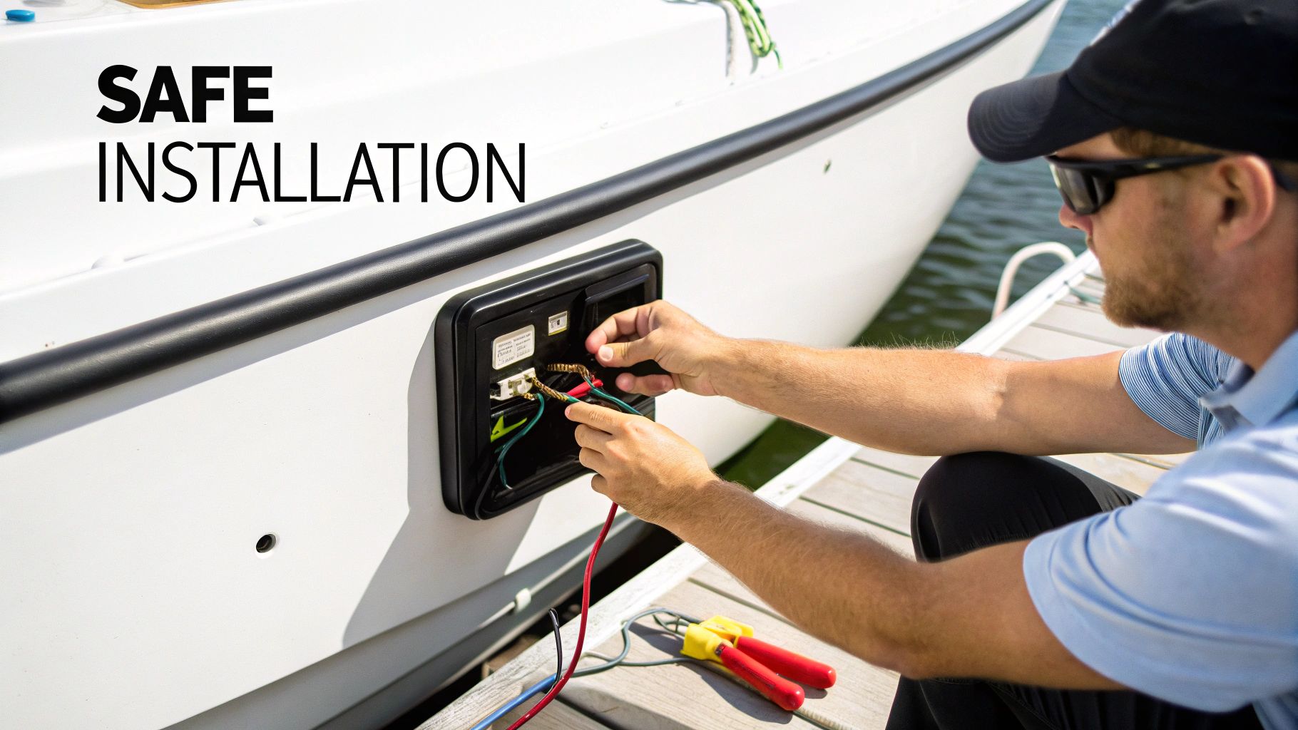 A person performing maintenance on a marine battery charger.