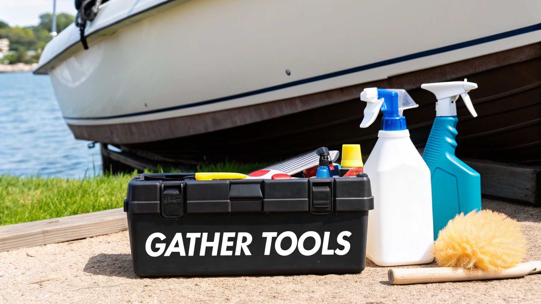A collection of boat cleaning products and brushes on a wooden dock.