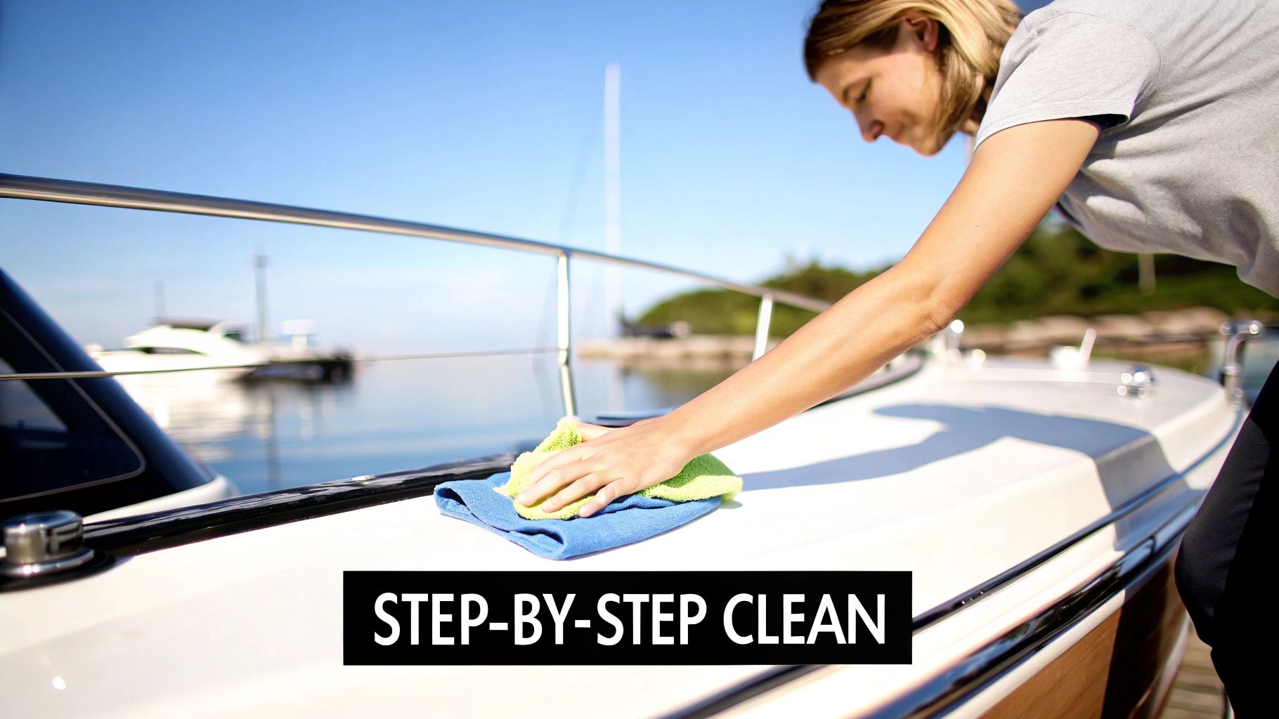 A person's hand spraying vinyl cleaner onto a boat seat