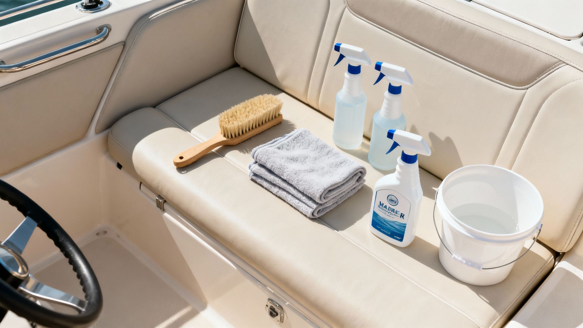 Boat owner cleaning upholstery with a brush and spray bottle.
