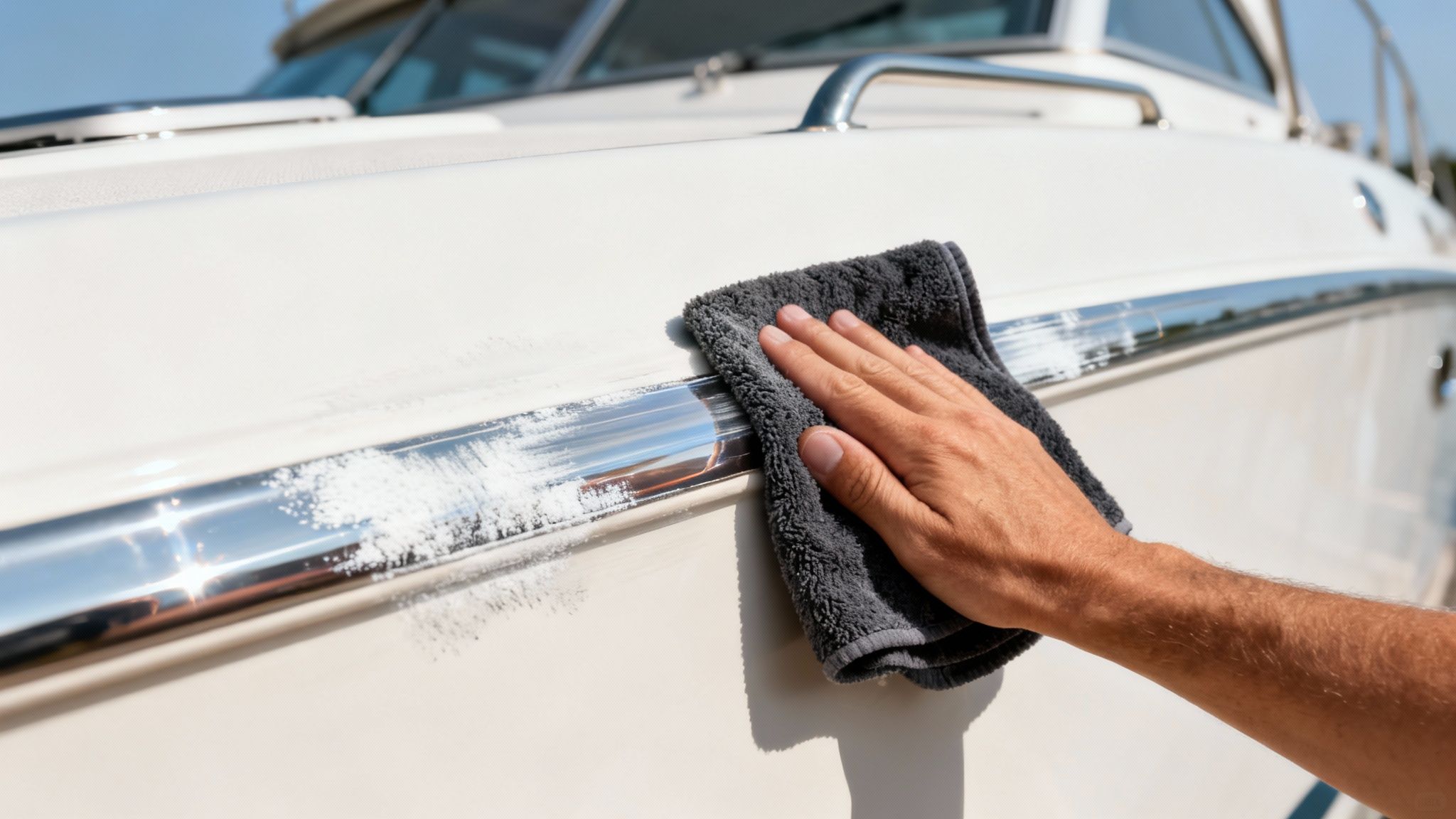 A person's hand uses a microfiber cloth to polish a white boat hull, removing oxidation.