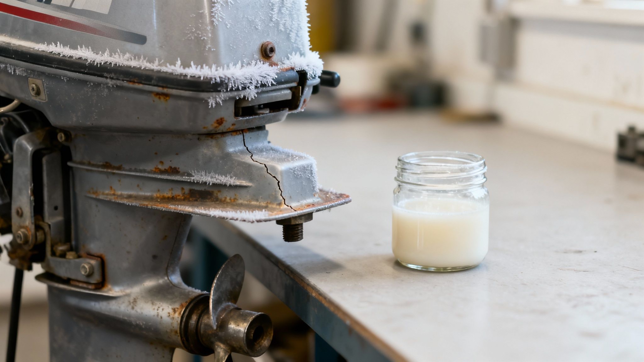 Close-up of a rusty, frost-covered outboard motor with a crack, beside a jar of white liquid.