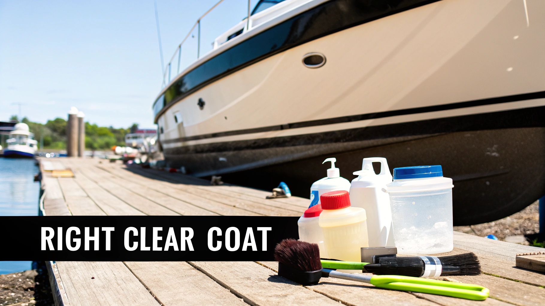 A person inspecting the glossy clear coat finish on the side of a boat