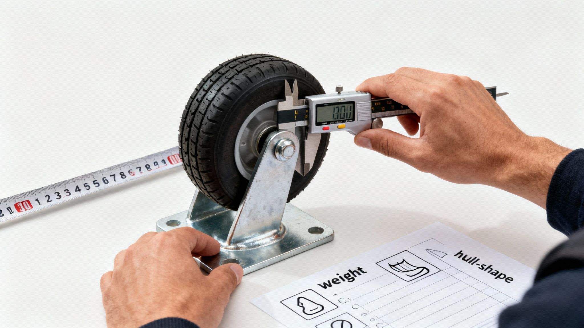 A person precisely measures the diameter of a black rubber wheel with a digital caliper, on a white surface.
