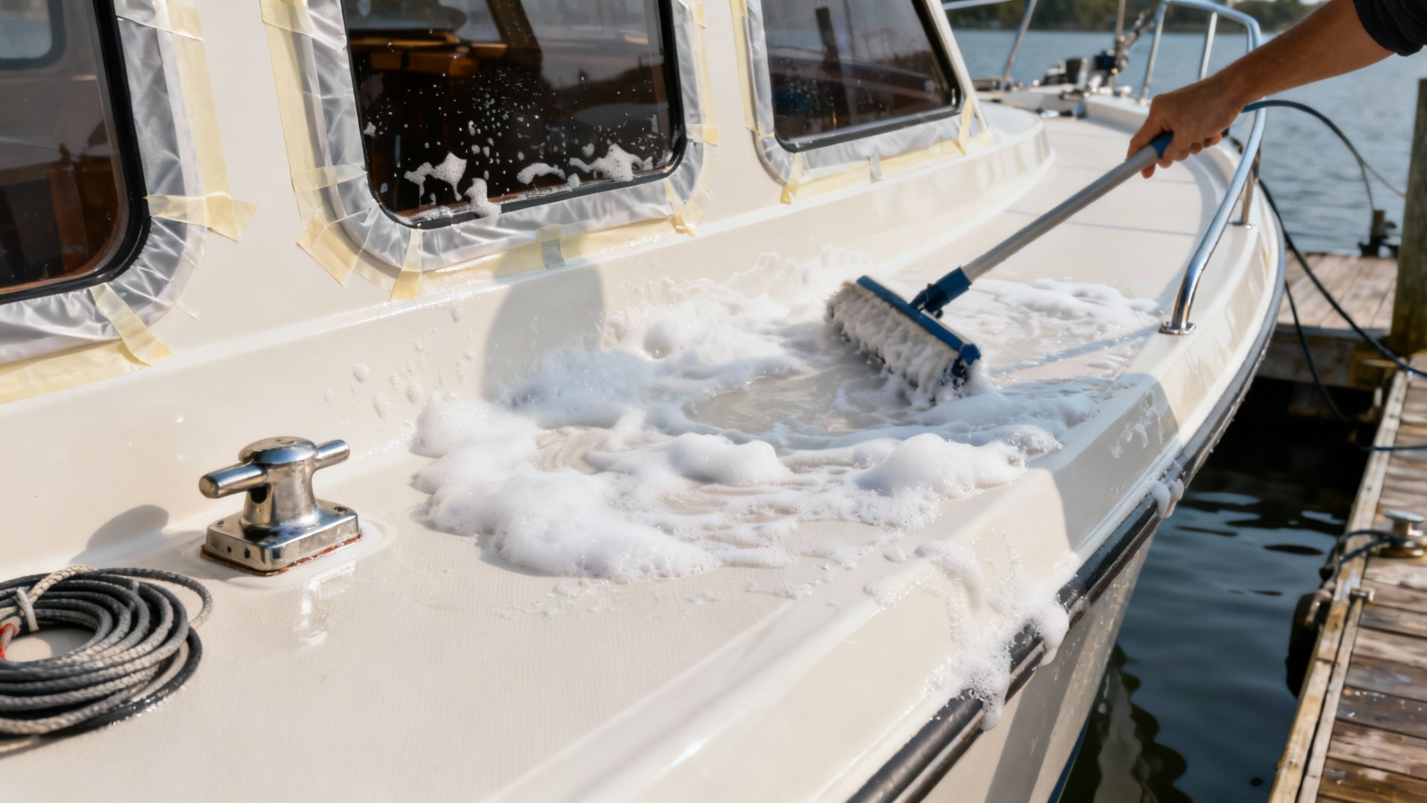 A person meticulously cleaning the side of a boat's hull with soap and a brush.