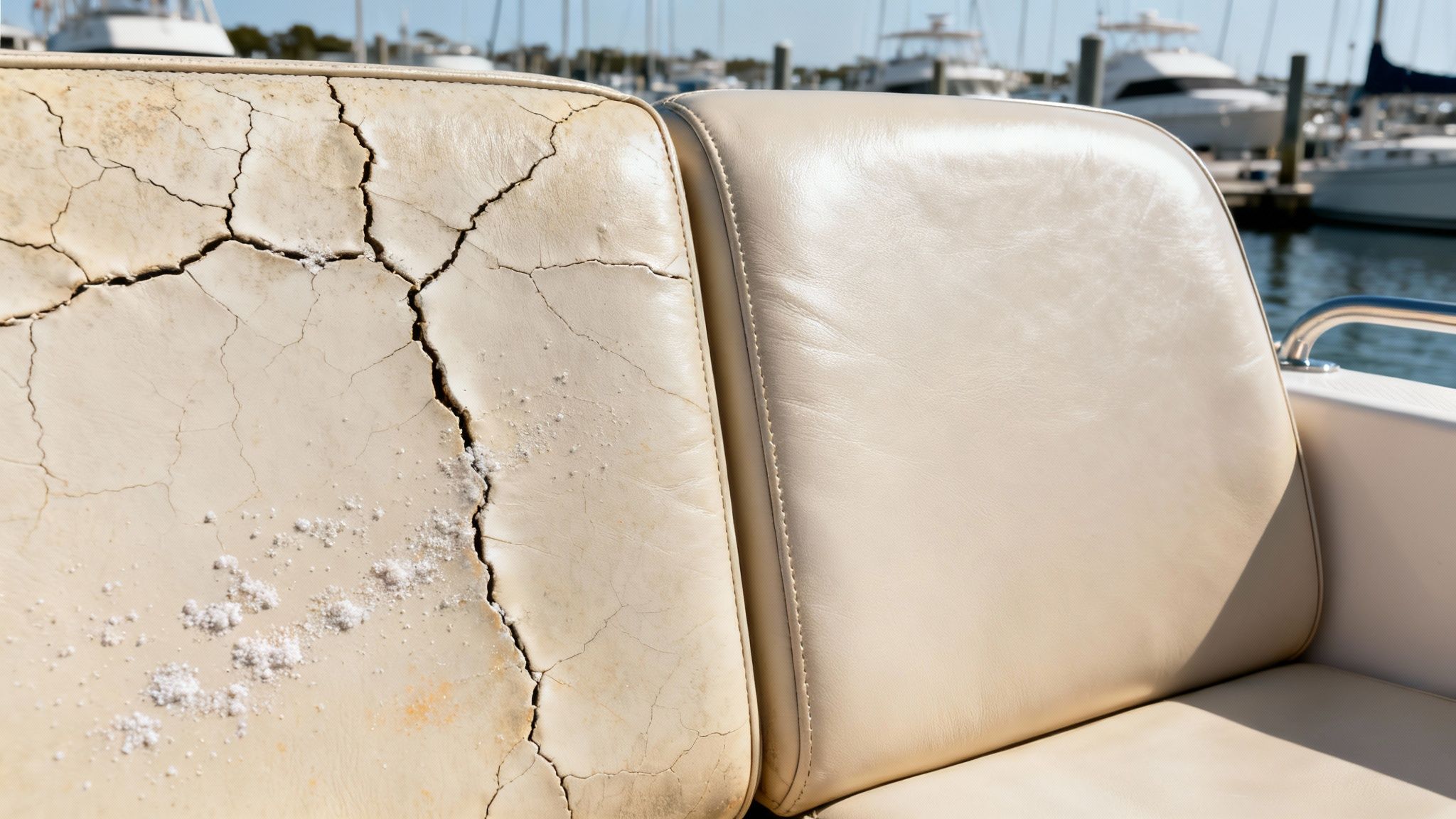 Damaged, cracked boat seat upholstery next to a clean, new vinyl boat cushion at a marina.