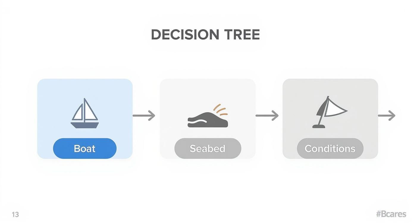 A simple decision tree diagram outlining the steps: Boat, Seabed, and Conditions with icons.