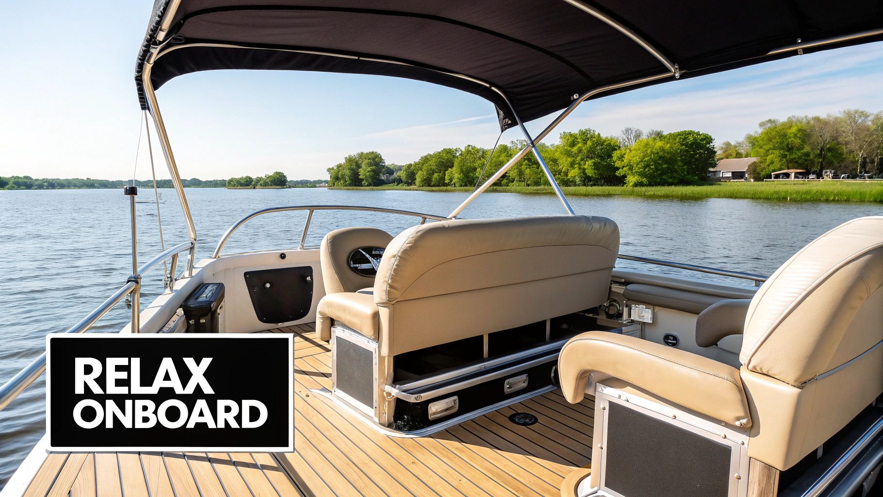 A family relaxing on a comfortable pontoon boat under a large Bimini top