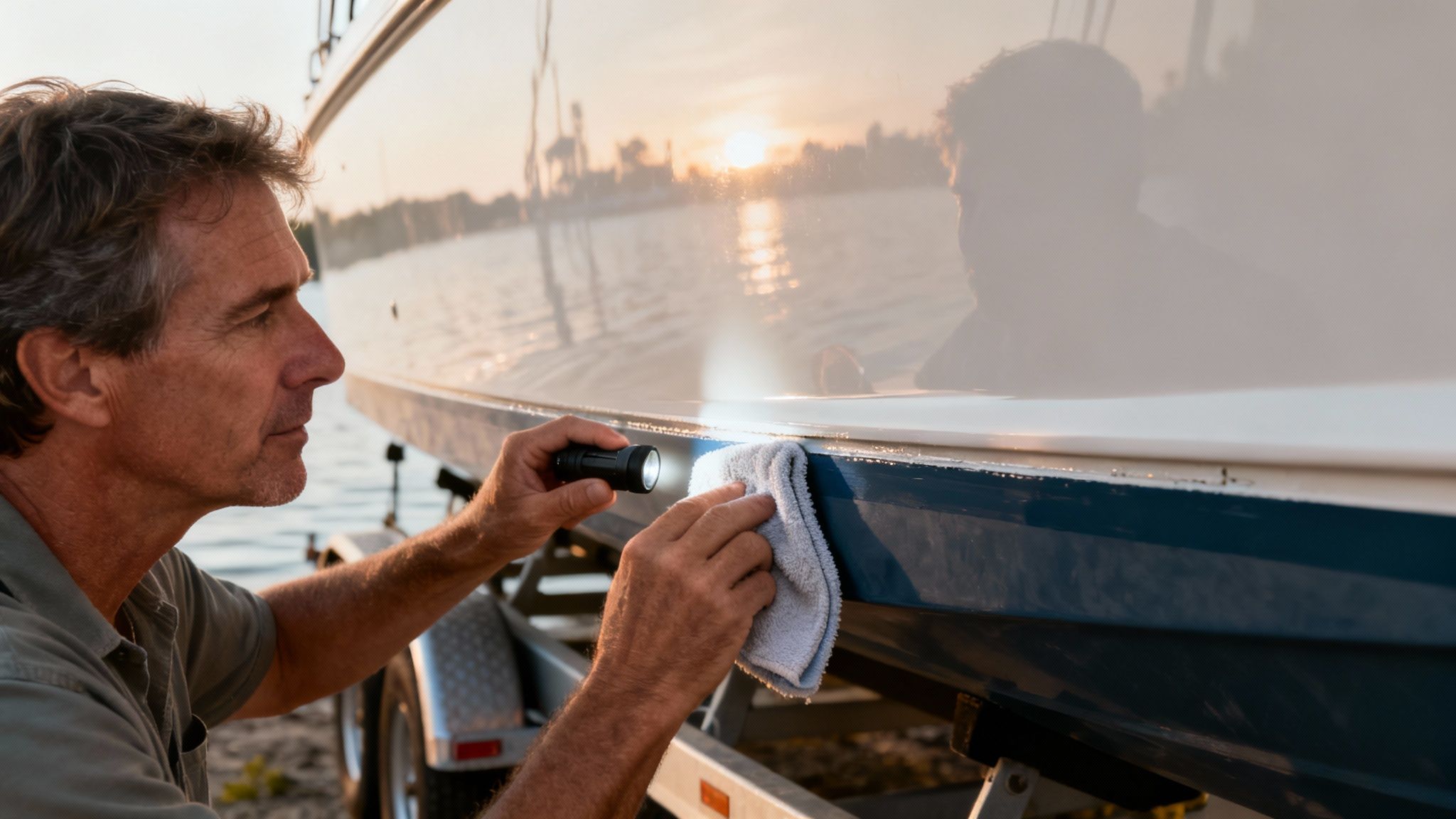 Man inspecting and cleaning a boat hull with a flashlight and cloth at sunset.
