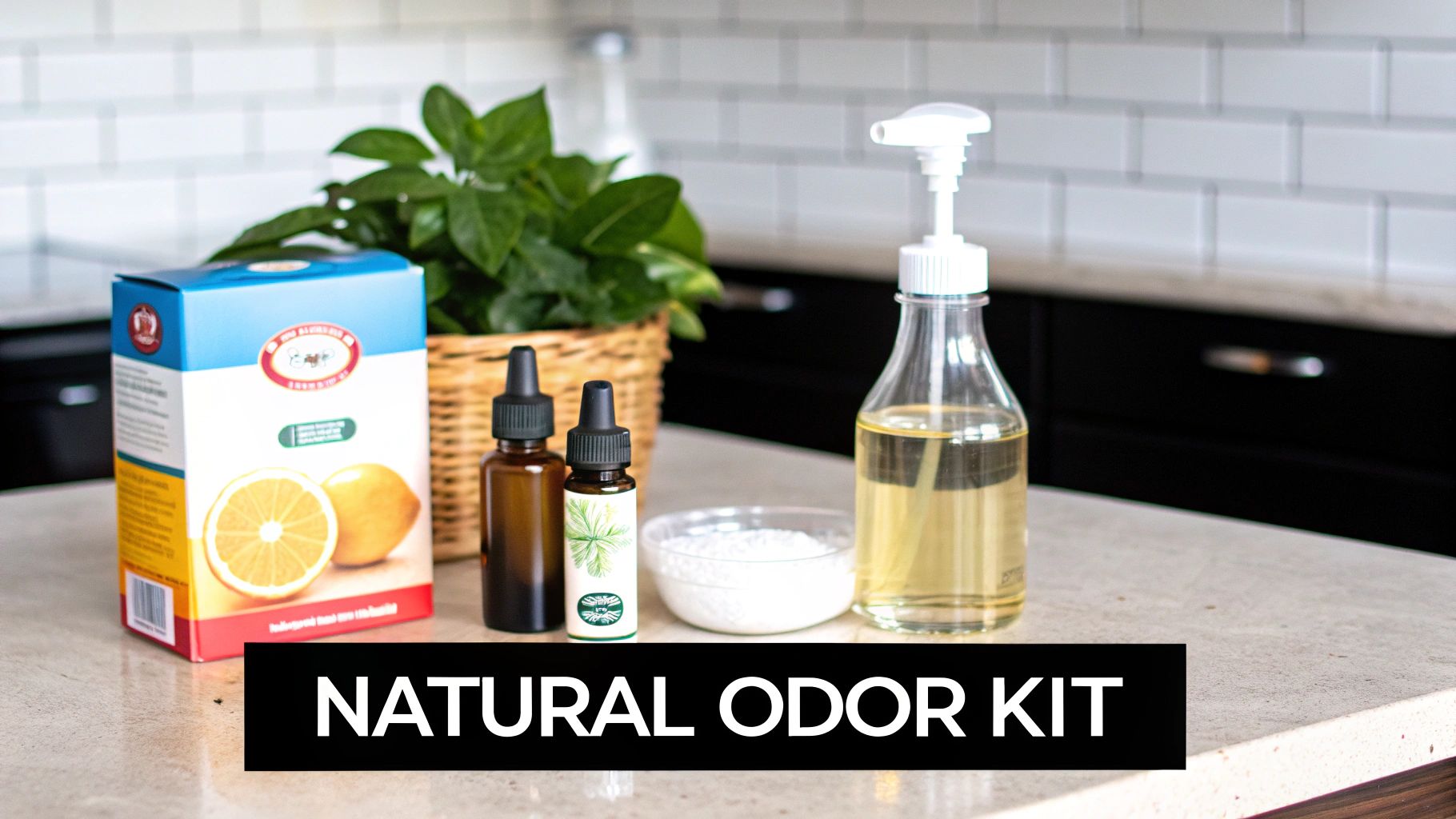 Natural ingredients like baking soda, vinegar, and lemon arranged neatly on a wooden surface.