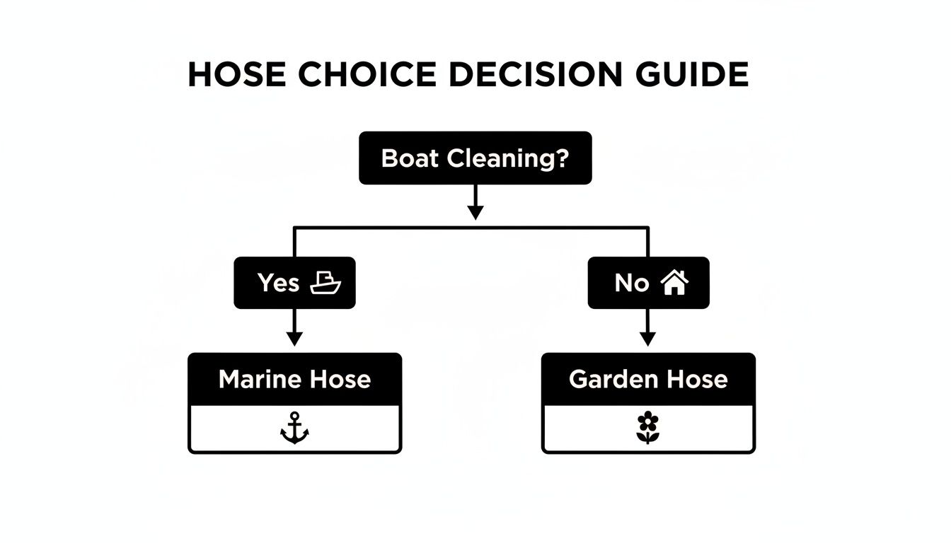 A flowchart decision guide for hose choice, recommending marine hose for boat cleaning and garden hose otherwise.