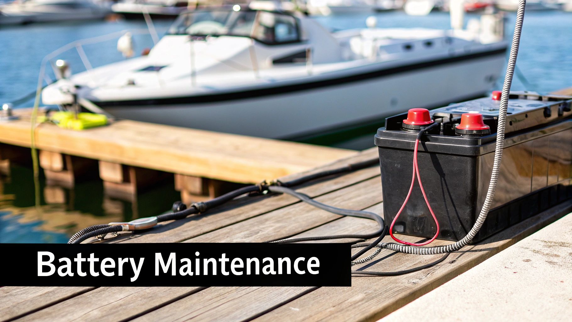 A person connecting a smart battery charger to a marine battery for winter storage.