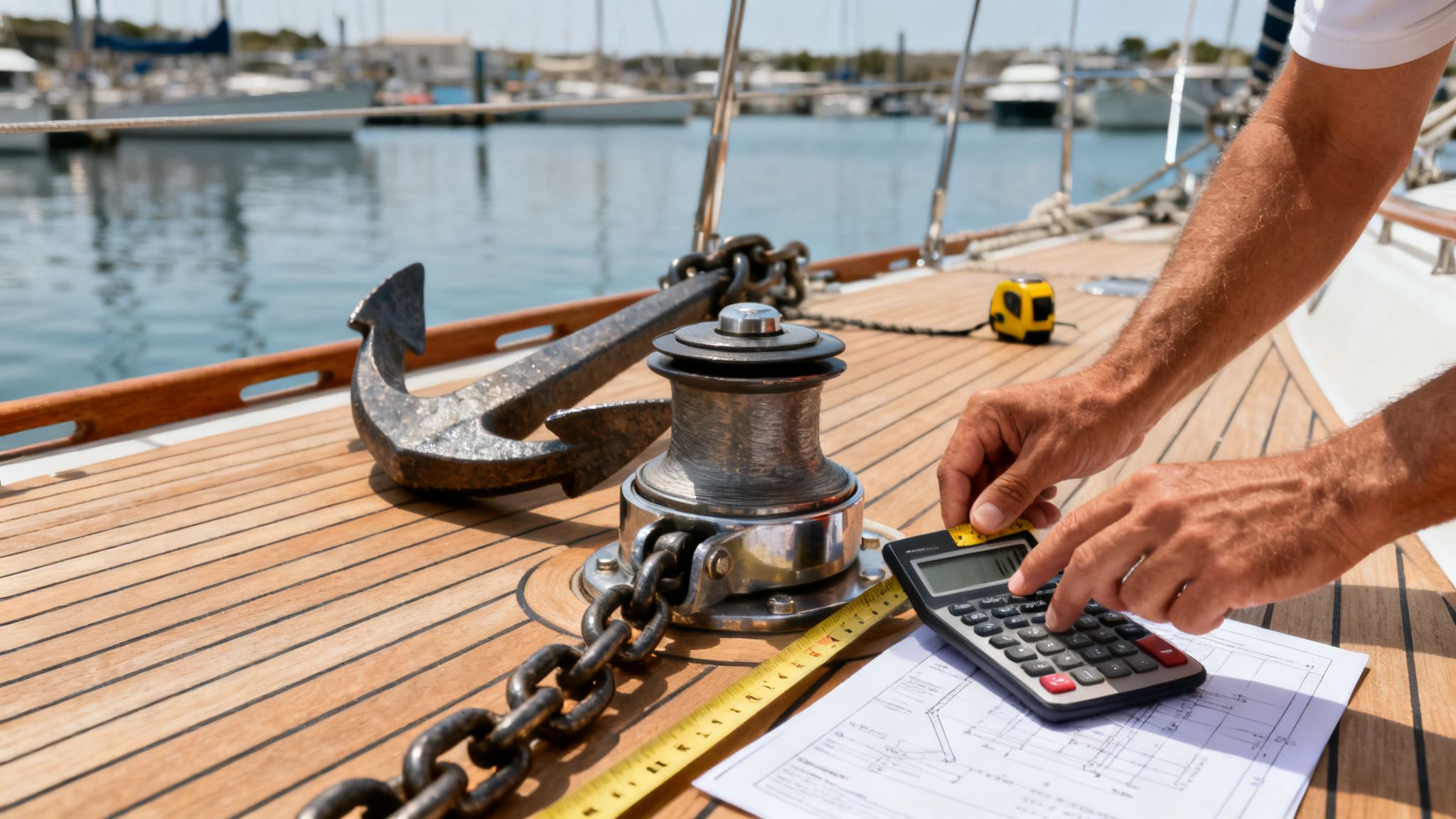 Man calculating measurements on a boat deck with an anchor, windlass, and chain.