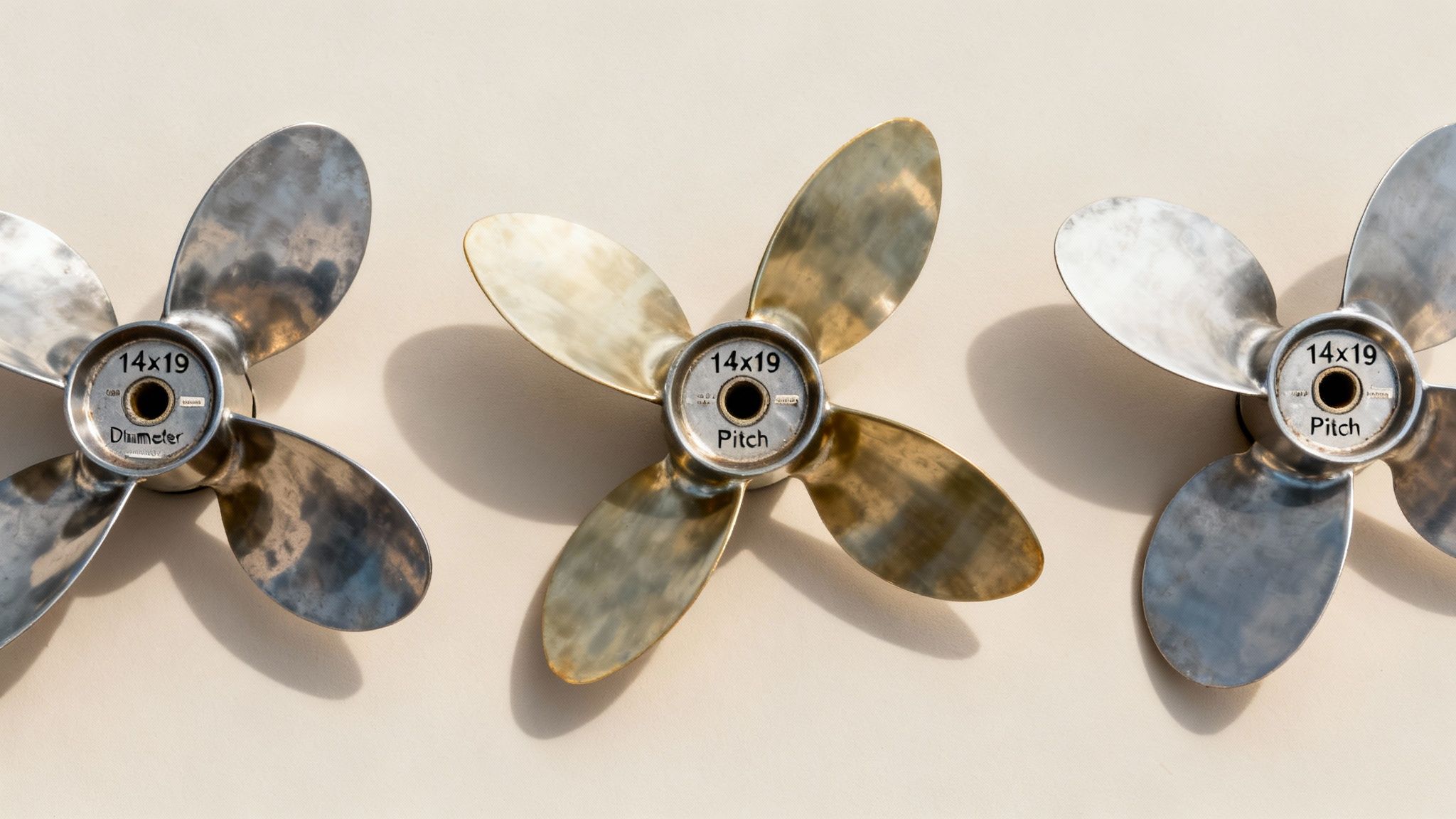 Three boat propellers, two silver and one bronze, with '14x19' marked for diameter and pitch.