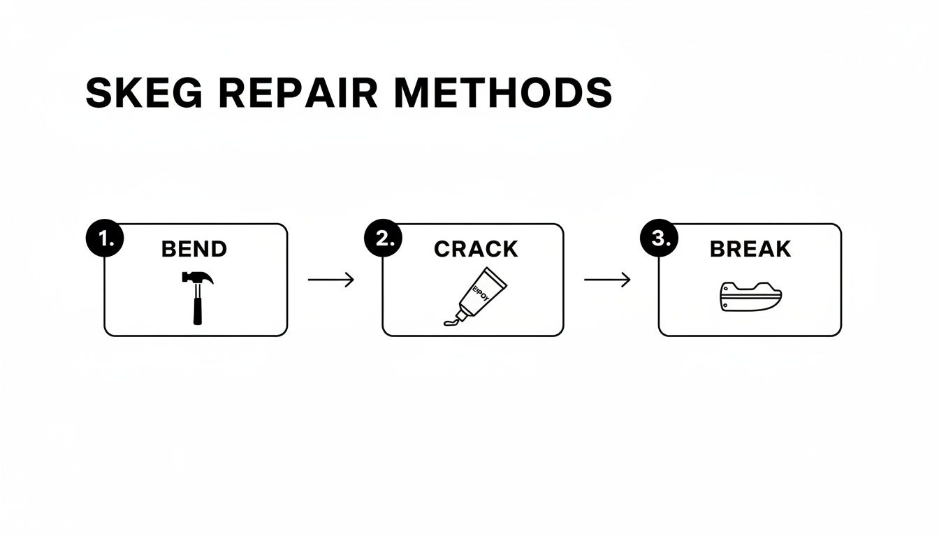 A diagram illustrates three skeg repair methods: bending with a hammer, cracking with epoxy, and breaking with a replacement part.