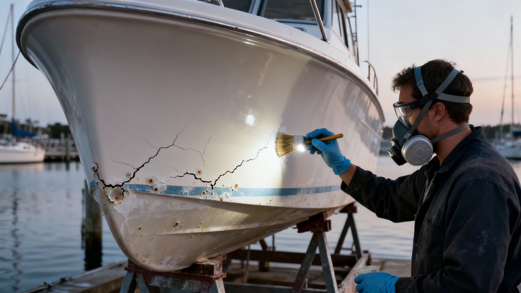 A person wearing a respirator mask and blue gloves is repairing severe cracks on a boat's hull.