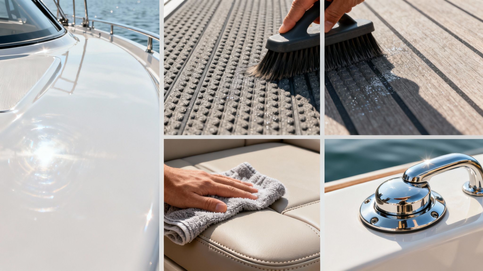 A collage showing various aspects of boat cleaning and maintenance, including shiny hull, decks, and upholstery.