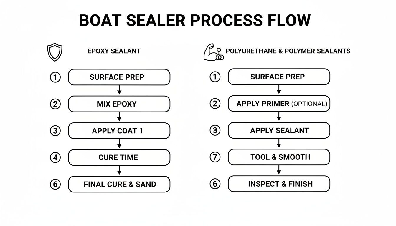 A dual process flow chart showing steps for applying boat sealers: epoxy and polyurethane types.