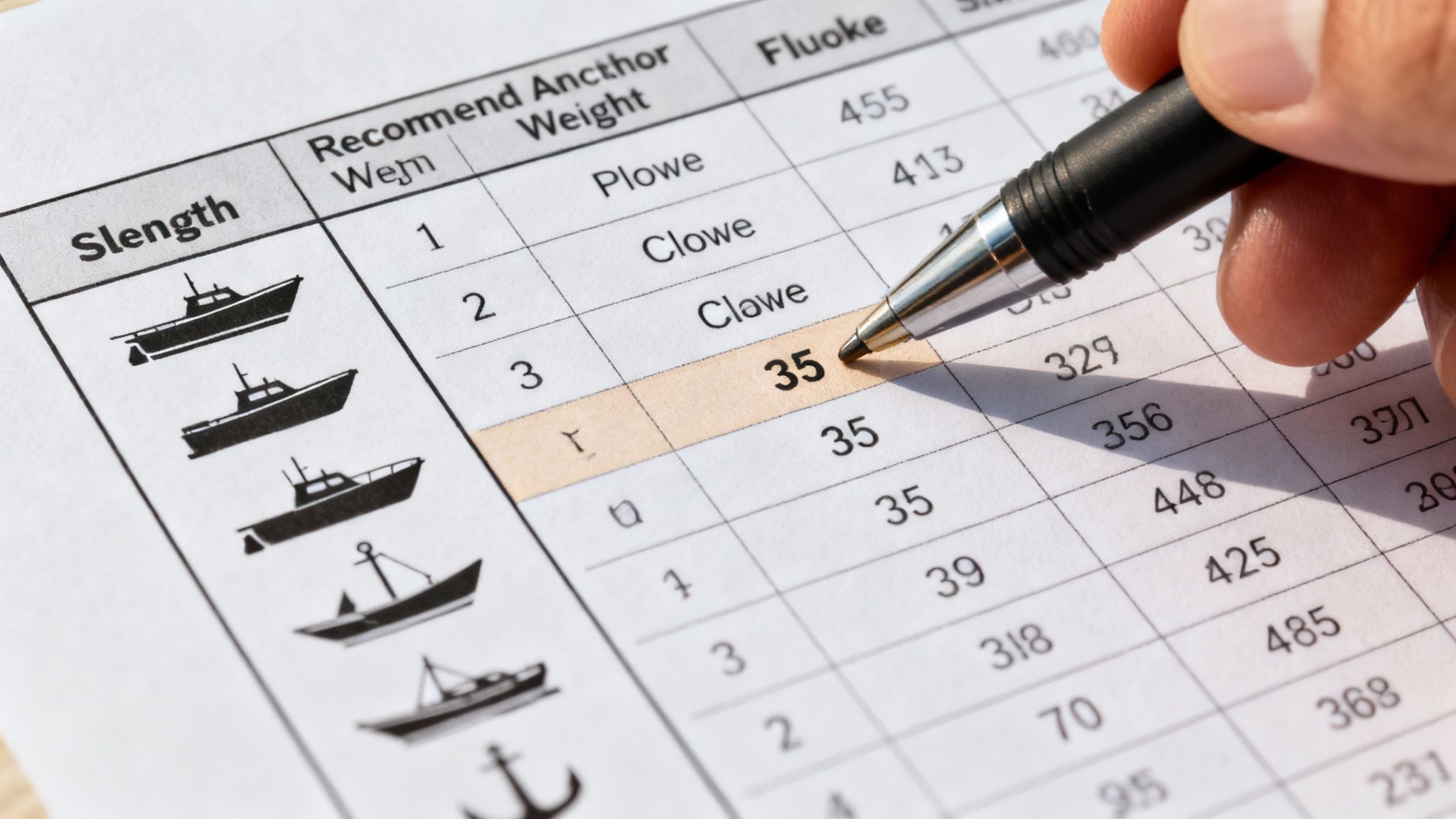 Hand pointing pen at boat anchor weight recommendation chart showing slength measurements and numbers