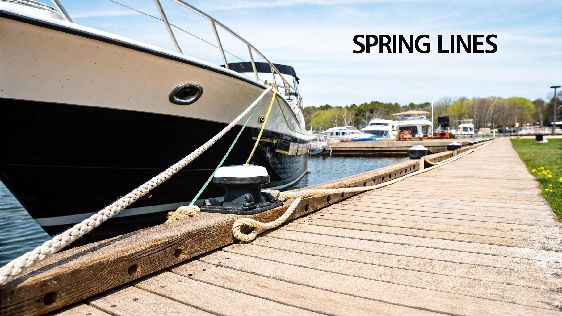 A boat secured with spring lines to a wooden dock.