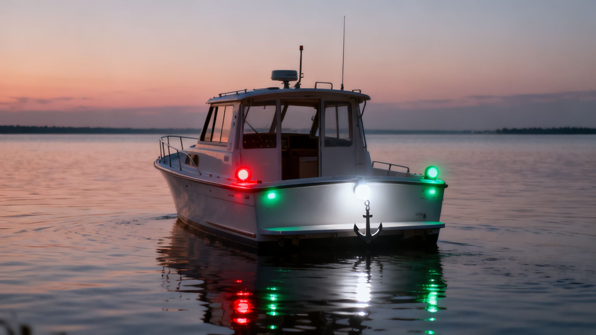 A white boat with red, green, and white navigation lights illuminated on calm water at dusk.