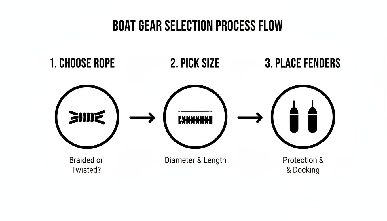 Flowchart illustrating the boat gear selection process, including choosing rope type, picking size, and placing fenders.