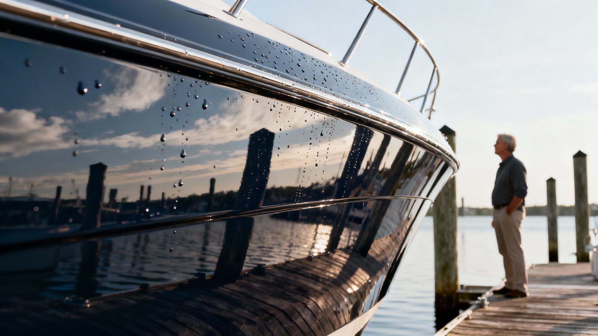 Close-up of a shiny blue boat hull with water droplets reflecting the sky and dock. A man stands nearby.