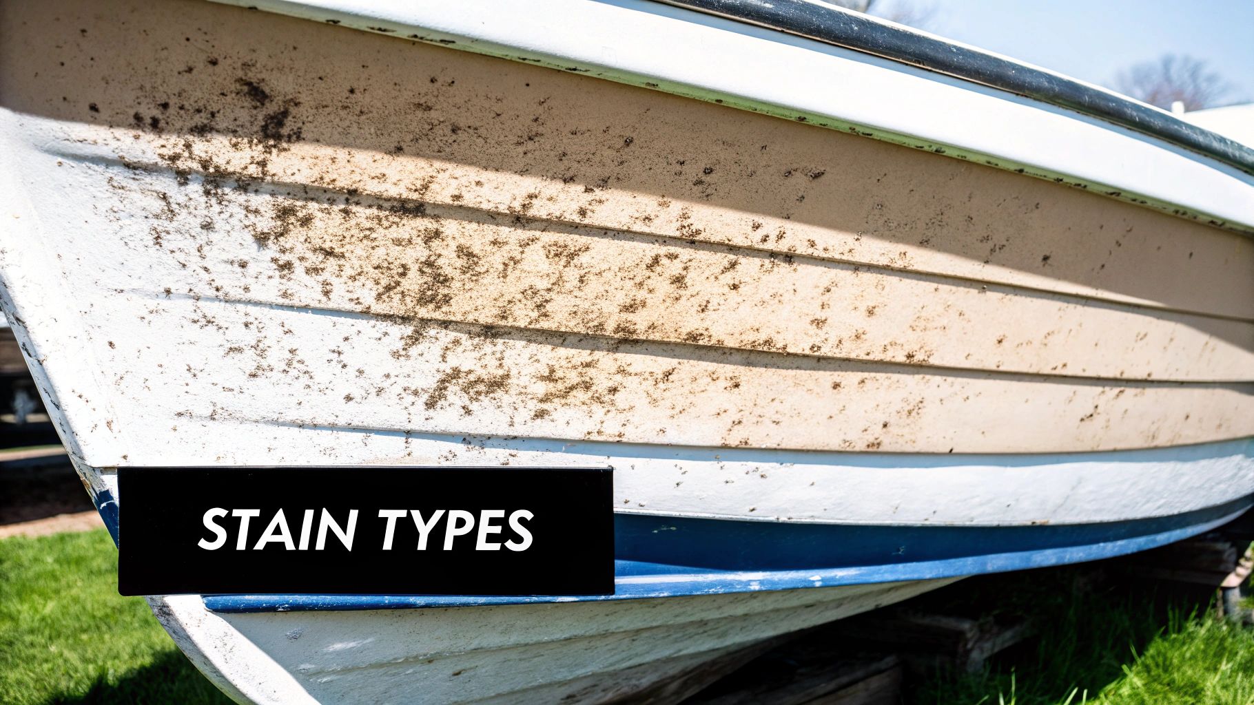 A person using a soft brush and soapy water to scrub the white canvas of a boat bimini top.