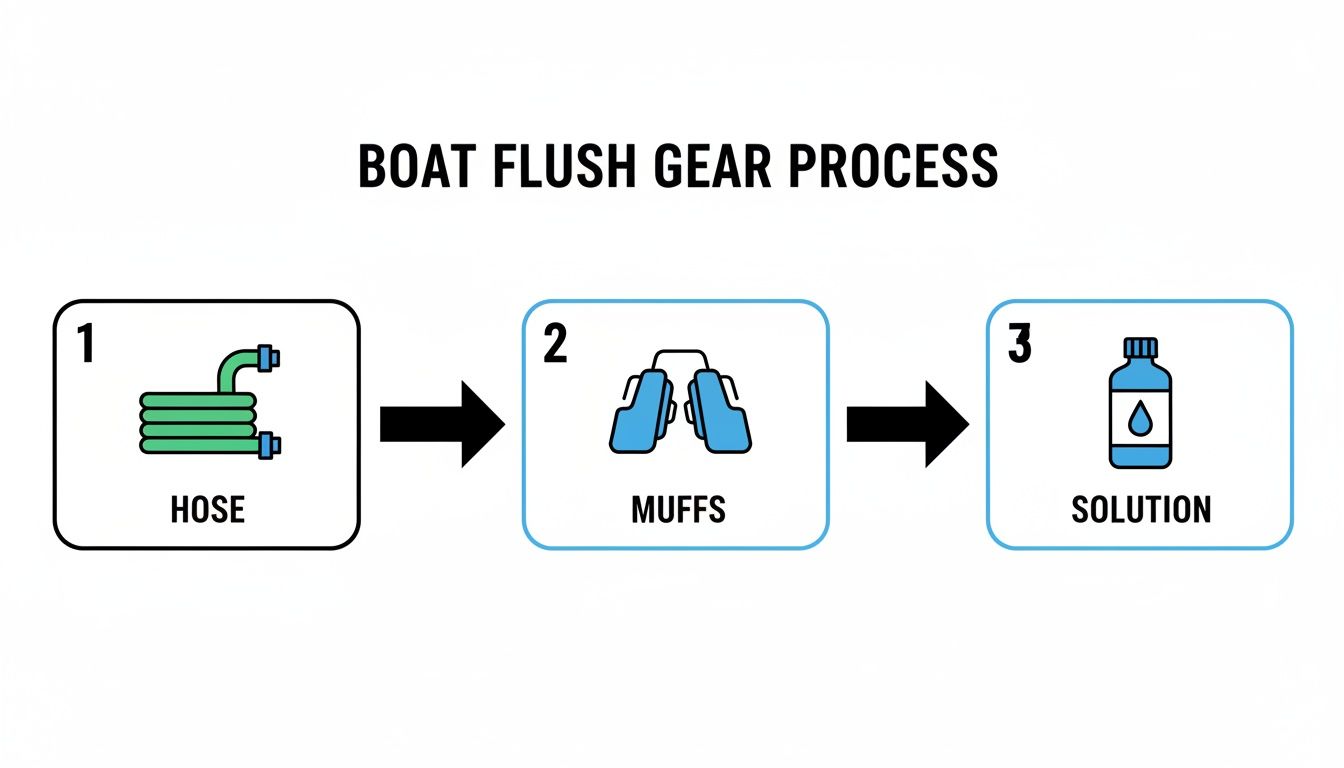 Diagram illustrating the boat flush gear process steps: hose, muffs, and solution icons.