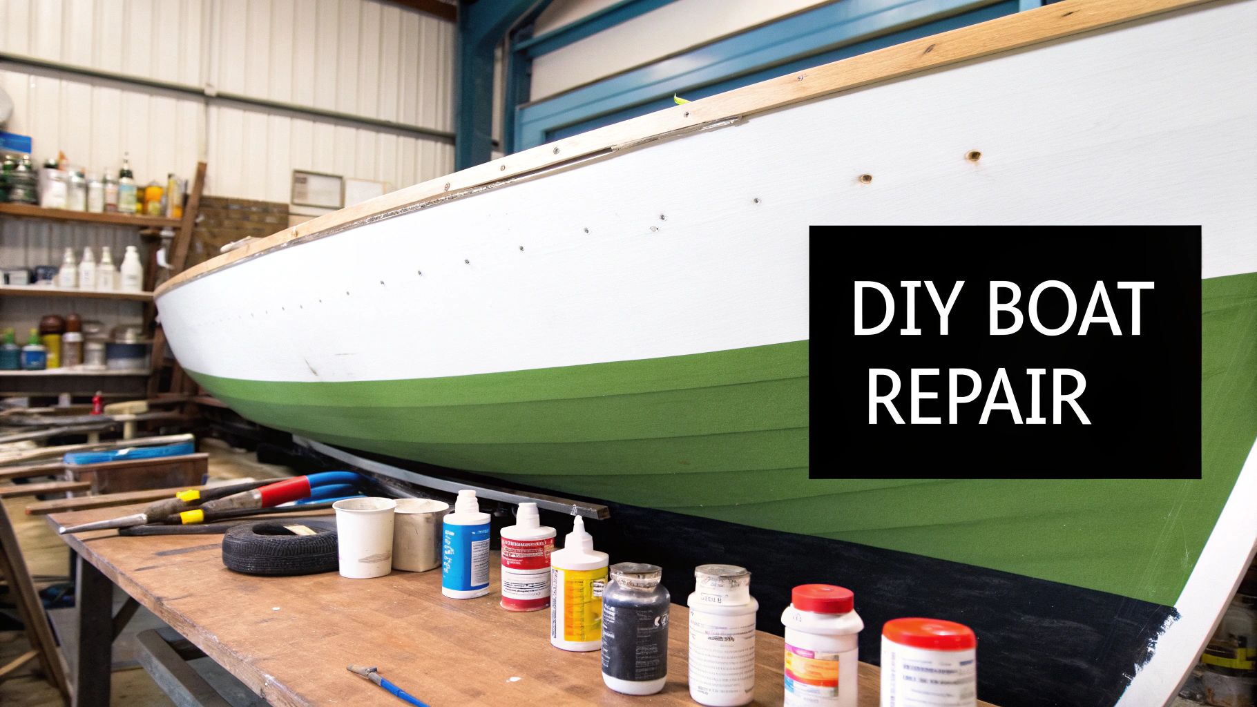 A person repairing the hull of a new fiberglass boat