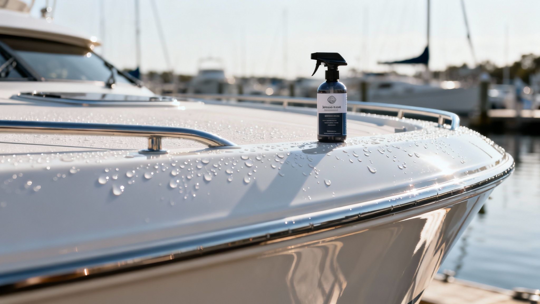 Close-up of a boat care spray bottle on a glossy white boat deck with water beads.