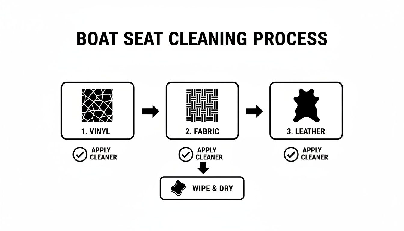 A flowchart detailing the boat seat cleaning process for vinyl, fabric, and leather materials.