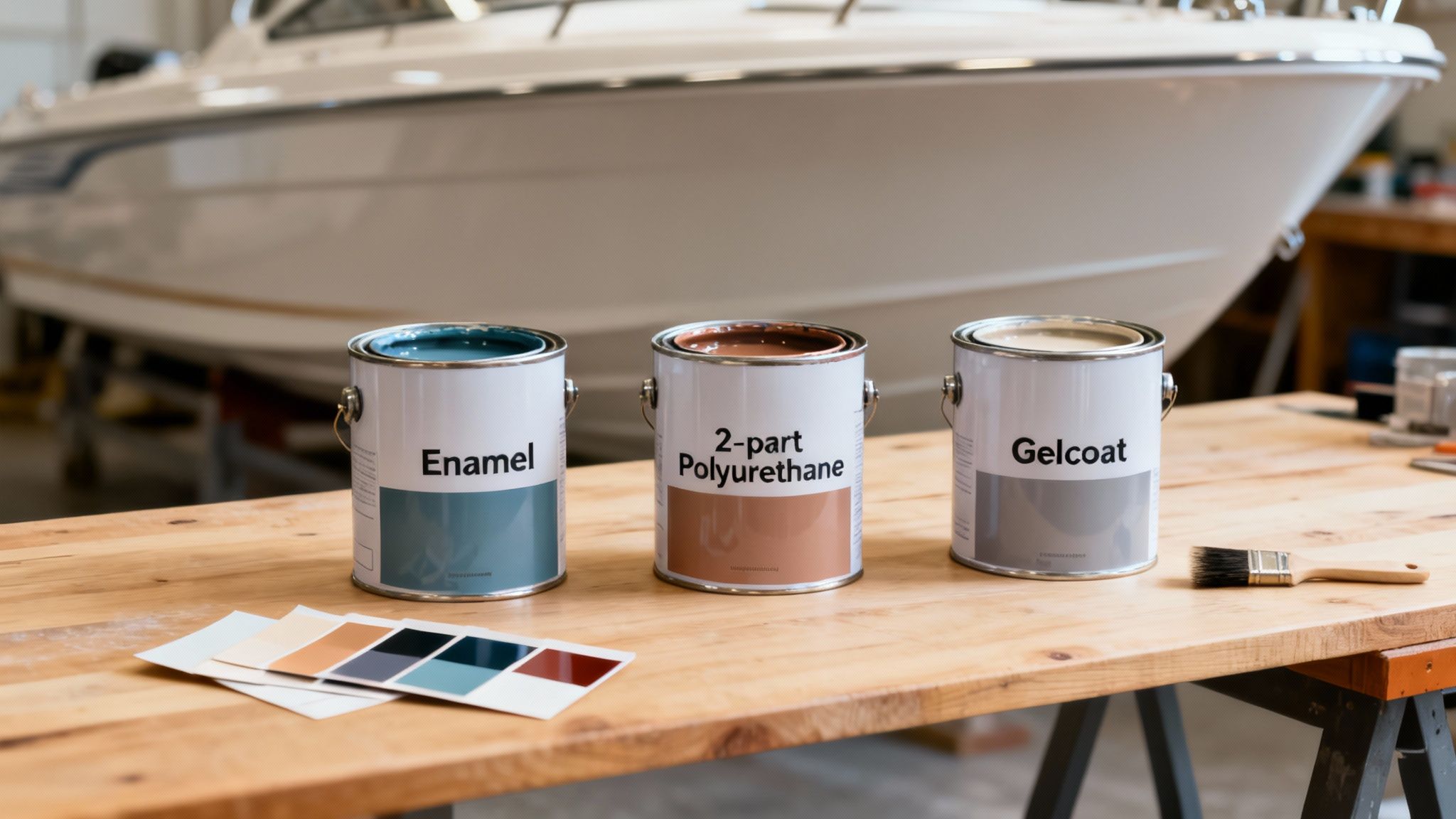 Three cans of boat paint (Enamel, 2-part Polyurethane, Gelcoat) with color swatches and a boat in a workshop.