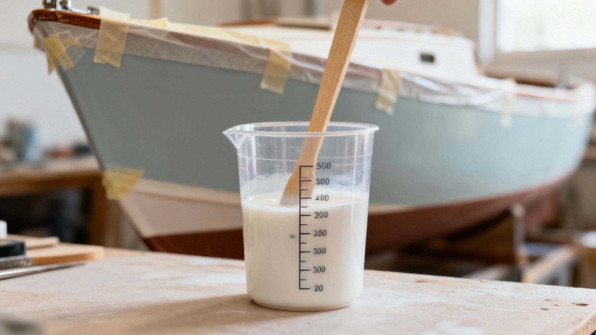 Close-up of a hand stirring white paint in a measuring cup with a wooden stick, boat in background.