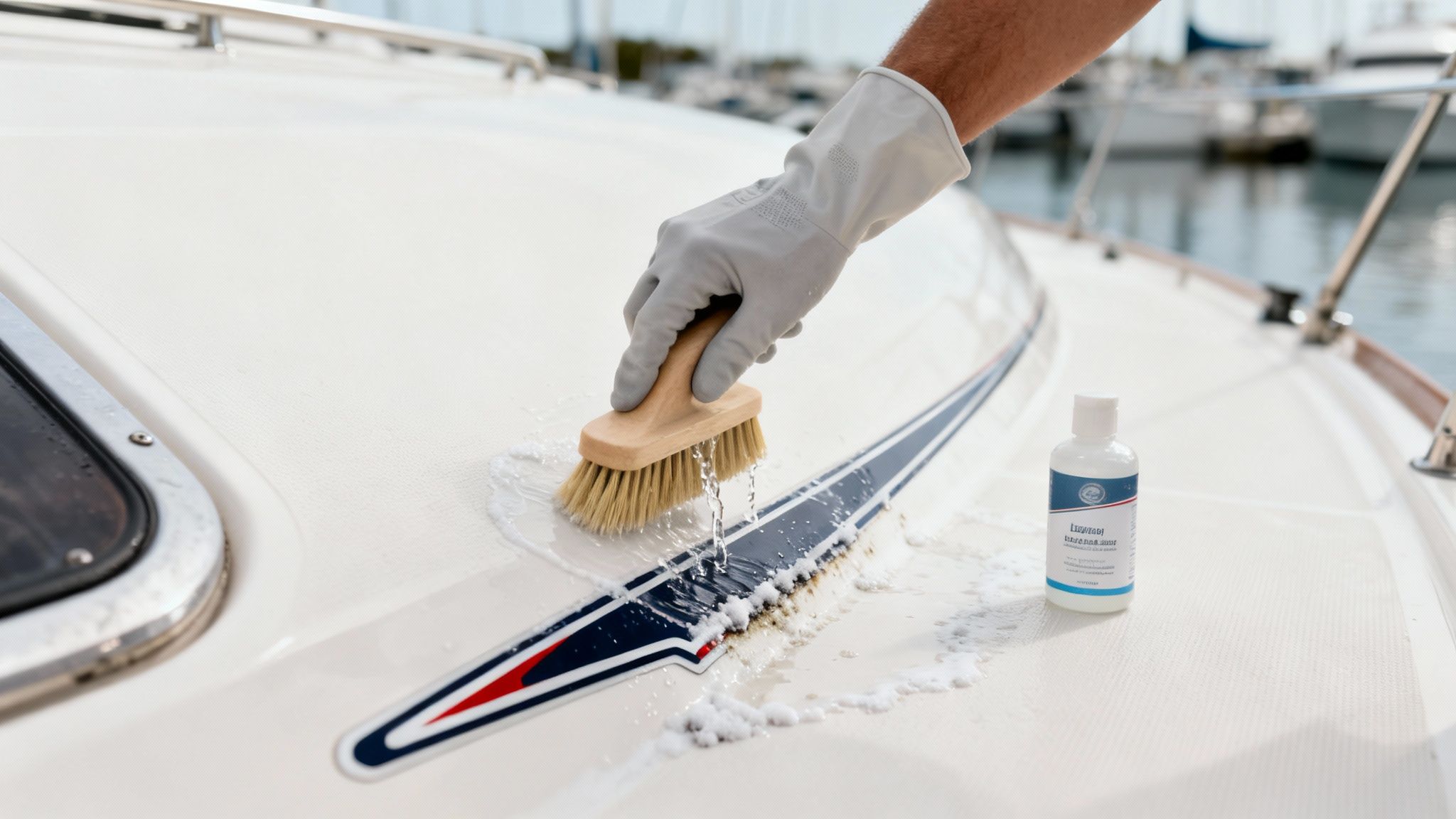 Person in gray gloves scrubbing a boat deck with a brush and cleaning solution.