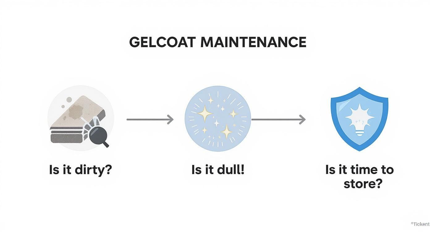 Infographic decision tree showing gelcoat maintenance steps: Is it dirty? Is it dull? Is it time to store?