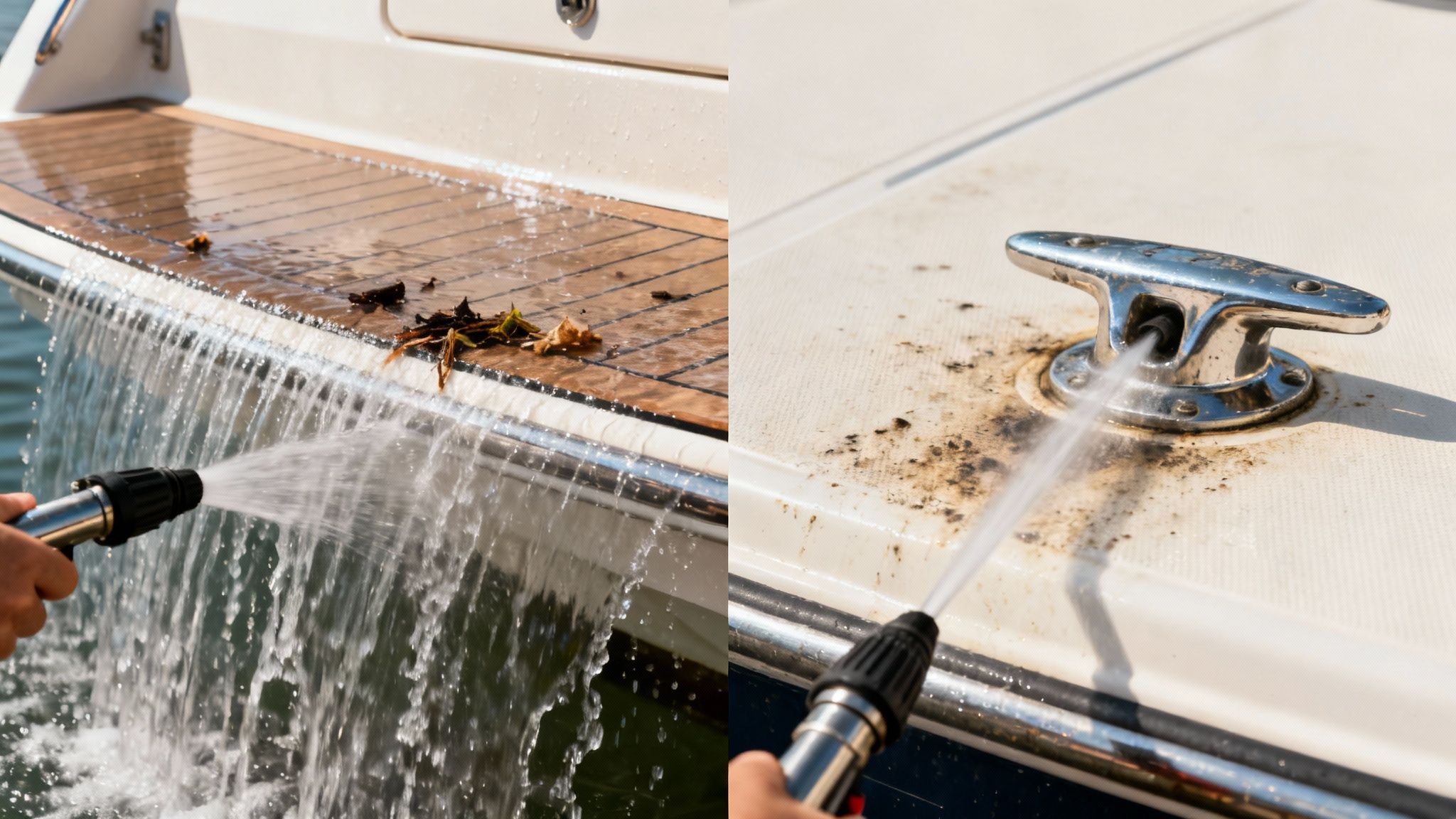 Person using high pressure hose to clean boat deck and chrome cleat removing dirt and debris