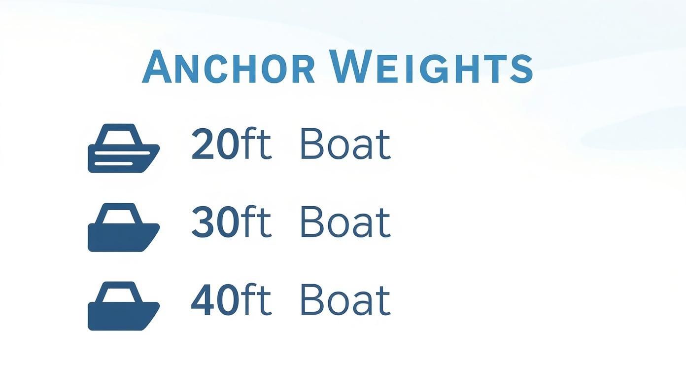 Anchor weight guide showing three boat sizes: 20 foot, 30 foot, and 40 foot vessels with corresponding boat icons