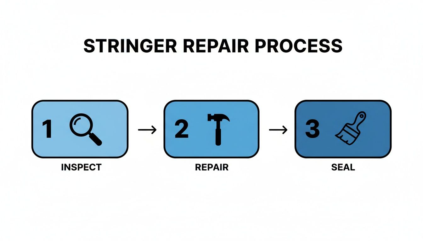 Diagram showing the stringer repair process with three steps: inspect, repair with a hammer, and seal.