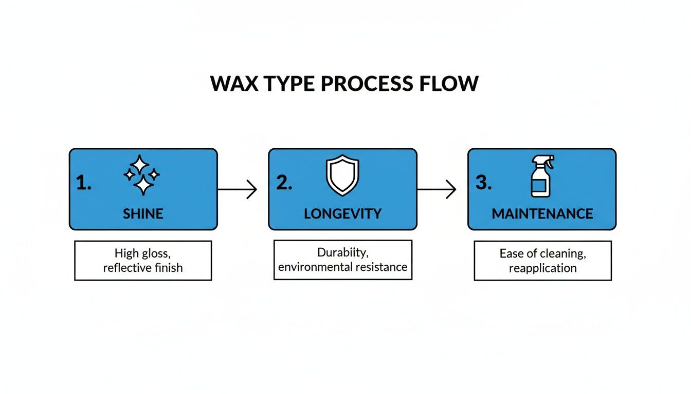 Diagram showing the wax type process flow with steps for shine, longevity, and maintenance.