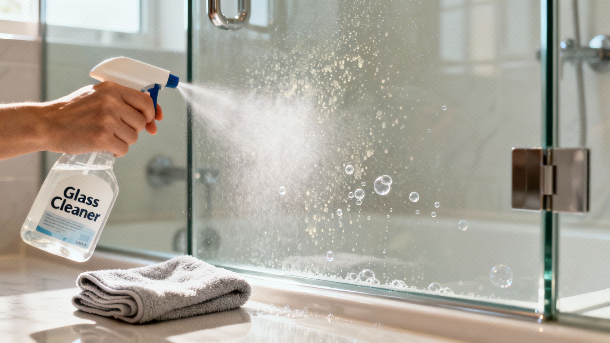 A hand sprays glass cleaner onto a shower door, cleaning away water spots and leaving bubbles.