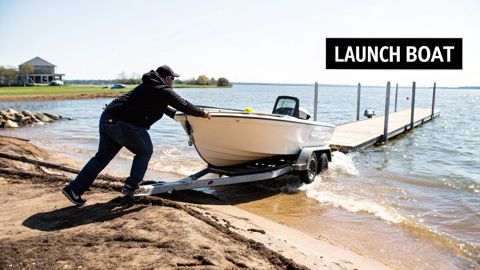 People enjoying a sunny day at a busy boat ramp with several boats in the water