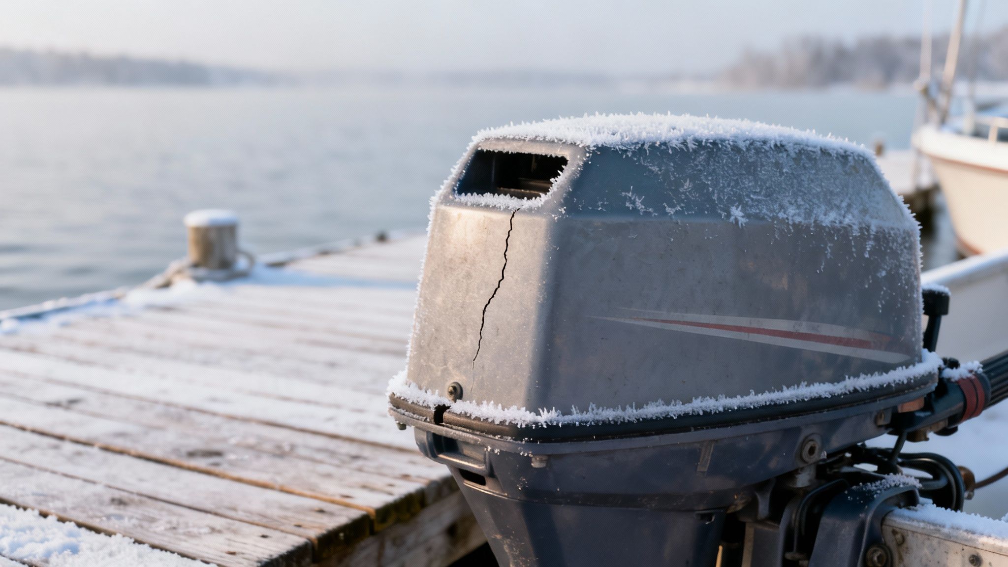 A cracked, frost-covered outboard motor on a snowy dock, signaling winter boat storage.