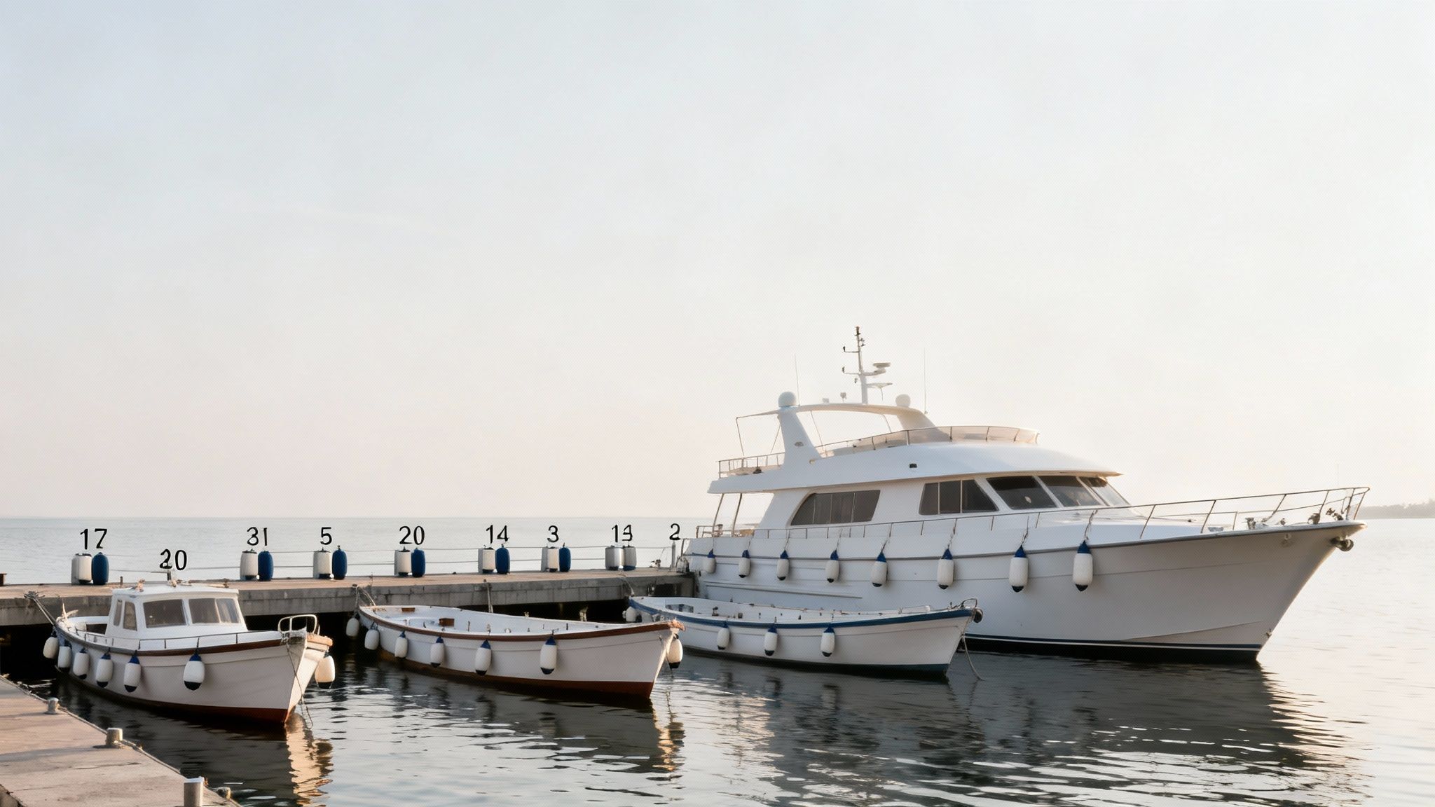 Various boats and a large white yacht docked at a tranquil pier with fenders.
